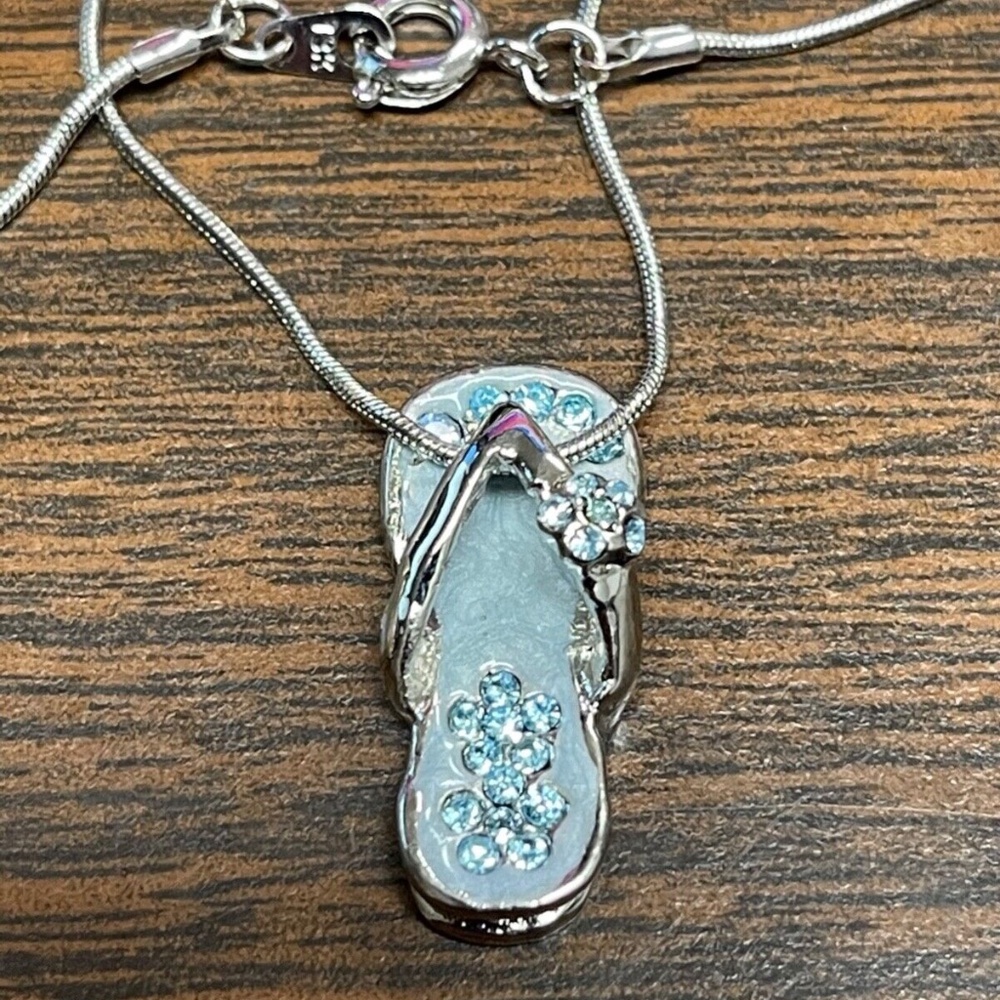 Powder Blue Aqua Flip Flop Beach Sandal Flower Charm Enamel Pendant Necklace